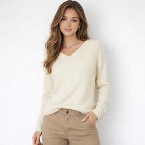 Soft Surroundings Sweater Cream Ribbed Knit Balloon Sleeve Notch Neck / Size S